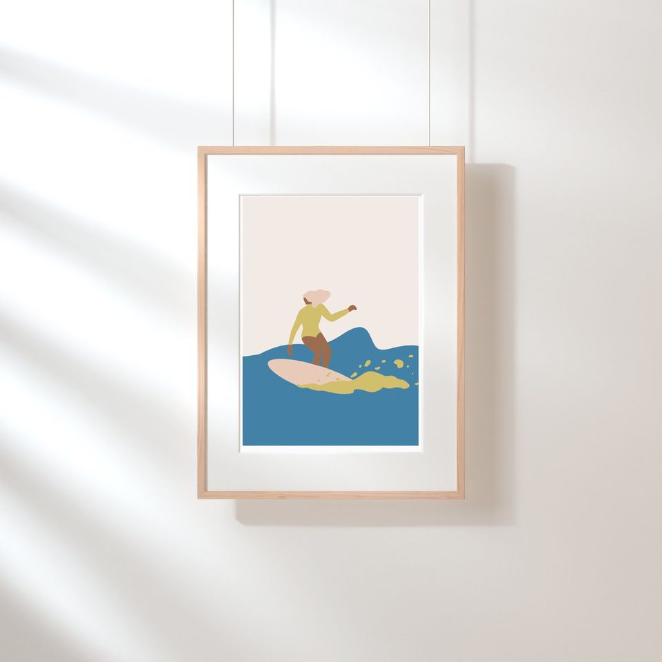d.kcum 디컴 - [옐로우 서퍼걸] 서핑 일러스트 인테리어 포스터 A4